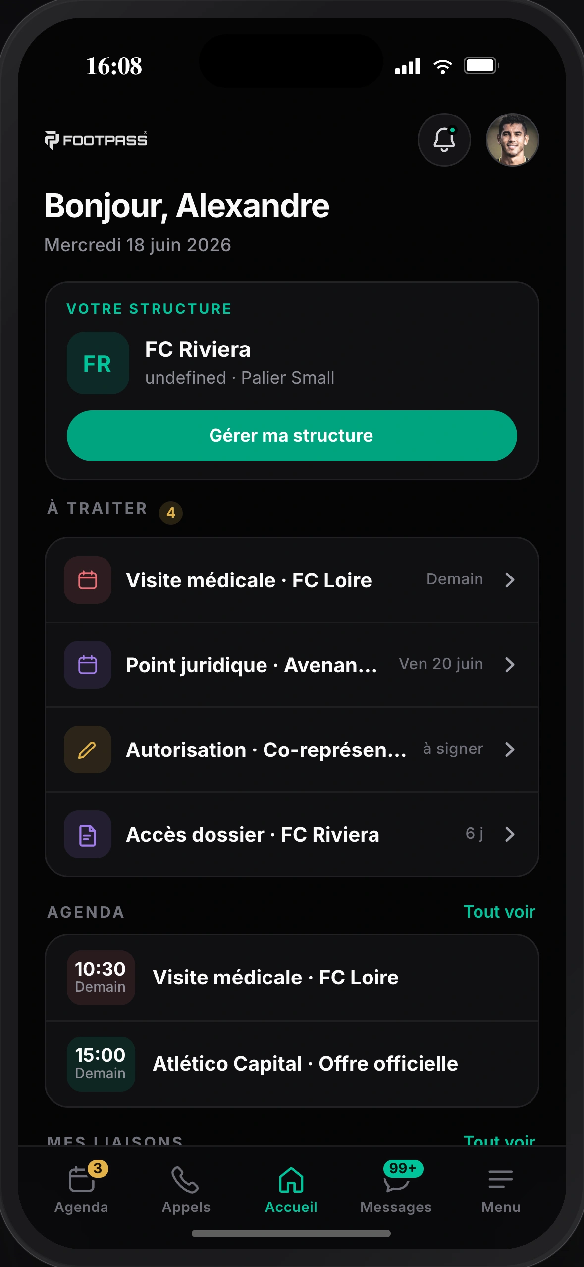 Écran d'accueil de l'application FOOTPASS